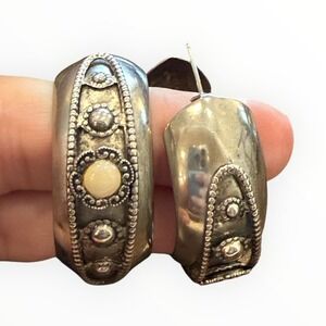 Vintage Silver Tone Boho Hoop Earrings Cabochon Southwestern Style